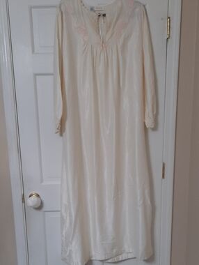 Cream Long Satin Nightgown with Pink Embroidered Yoke
